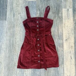 Abercrombie & Fitch Red Corduroy Mini Overall Dress M Button Adjustable Straps
